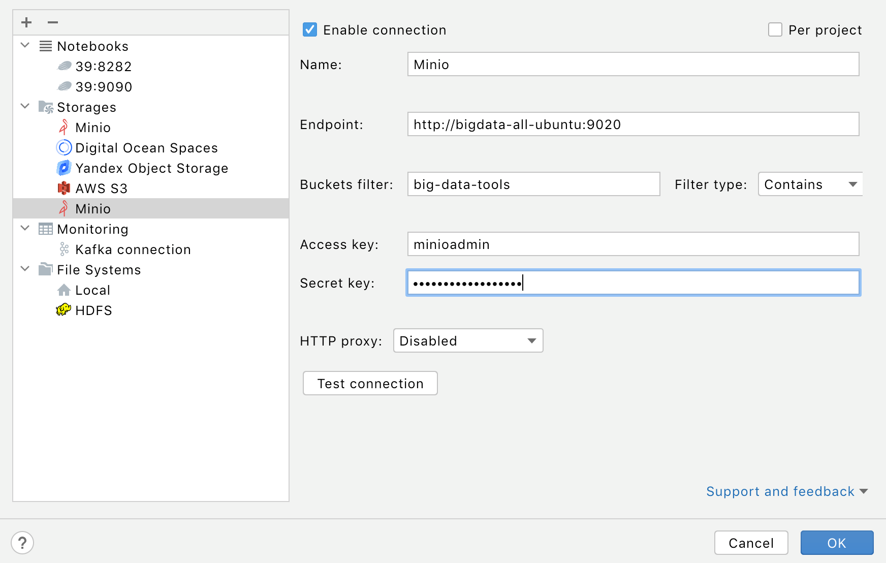 Configure Minio connection