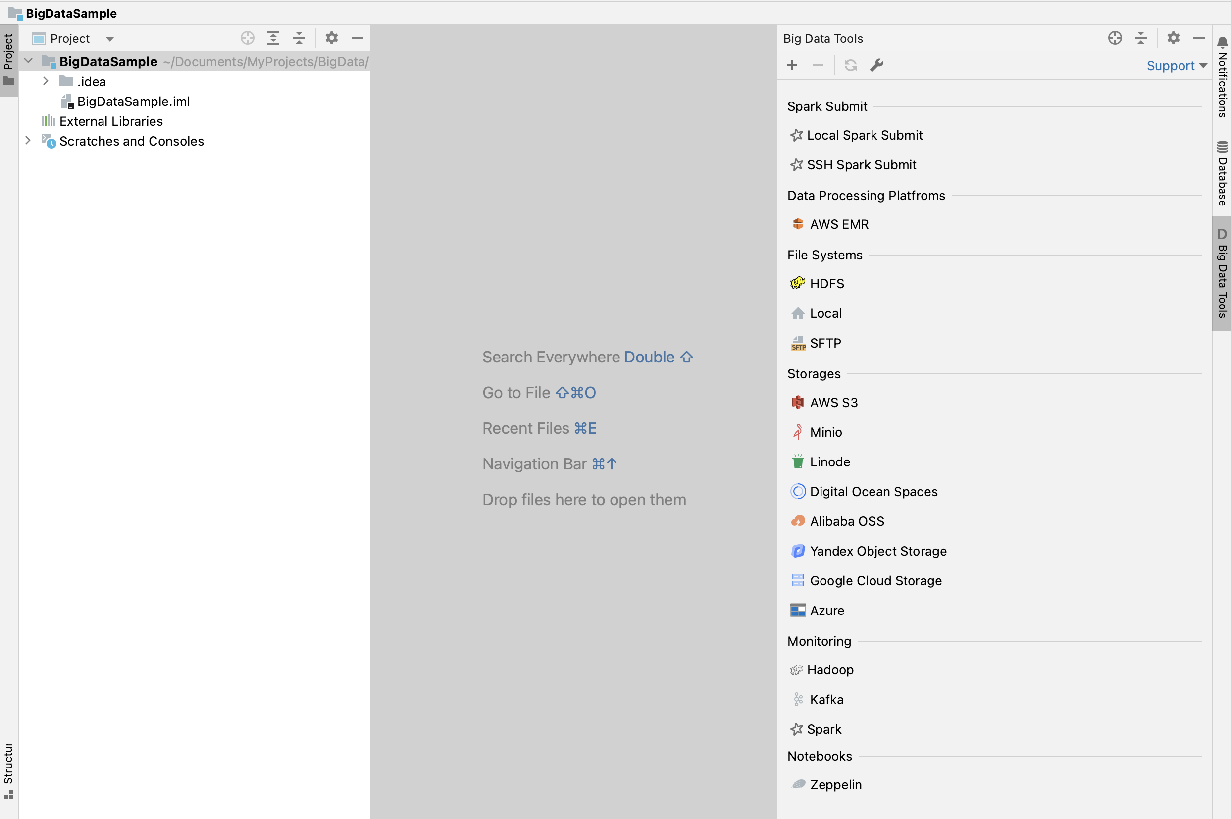 The view of IDEA Ultimate after the Big Data Tools plugin is installed