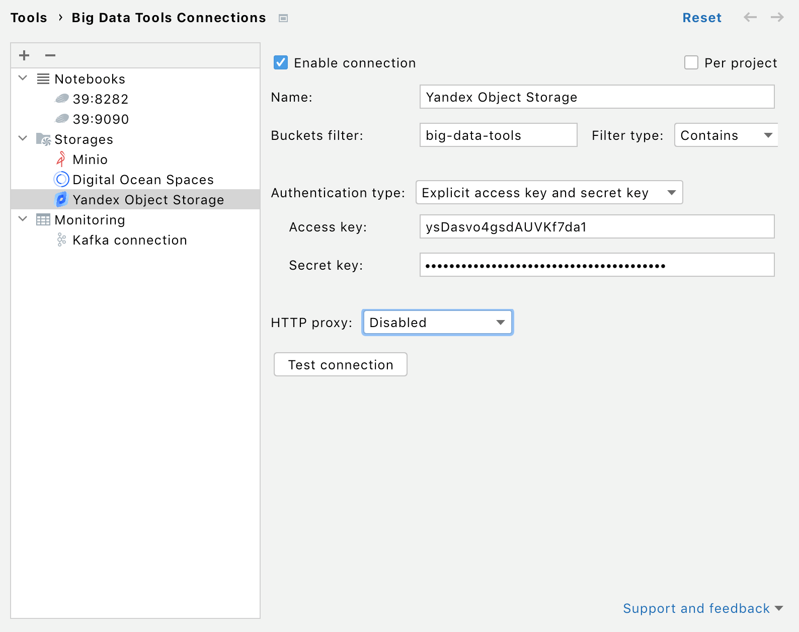Connection settings for Yandex Object Storage