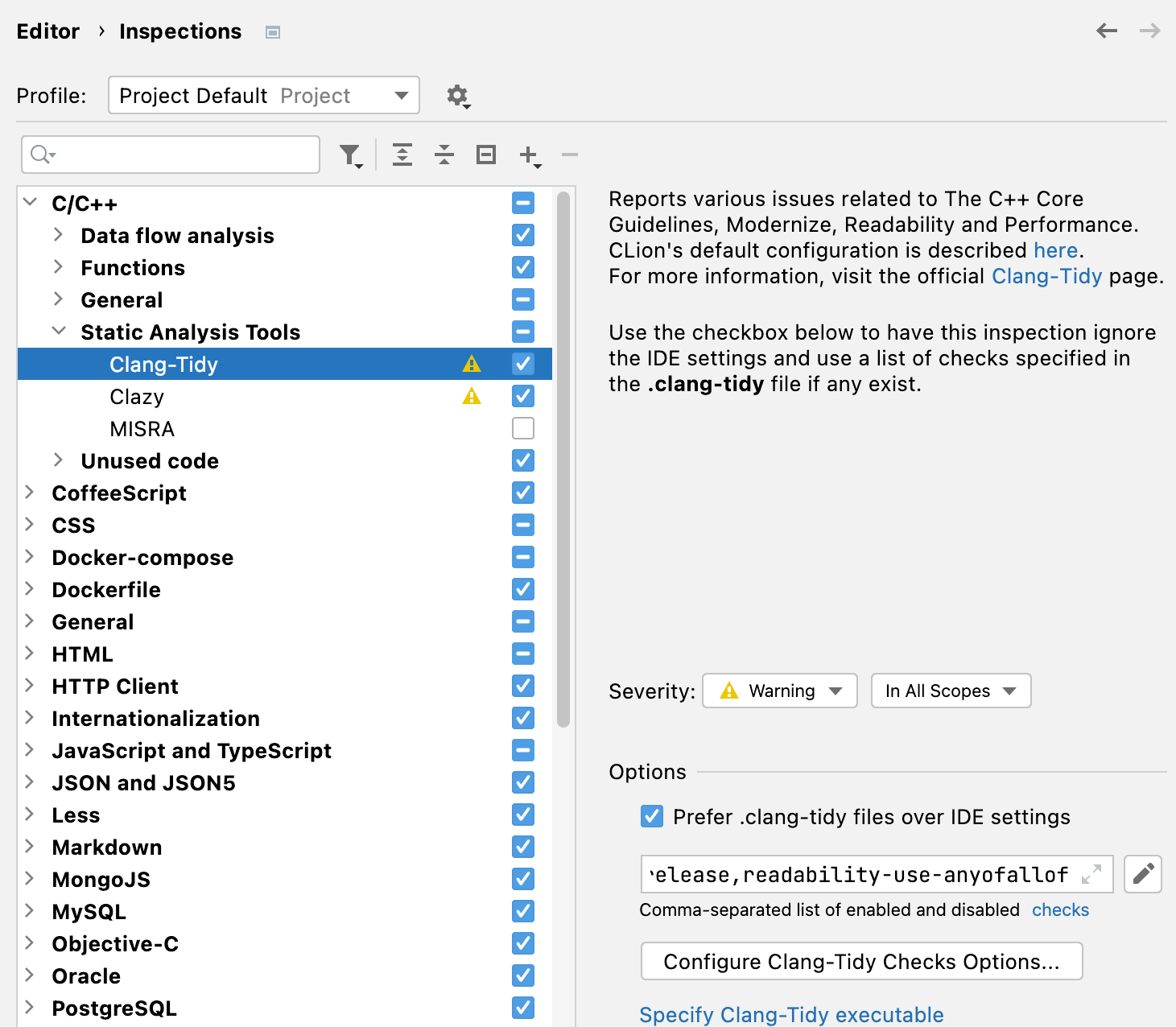 Settings for Clang-Tidy checks