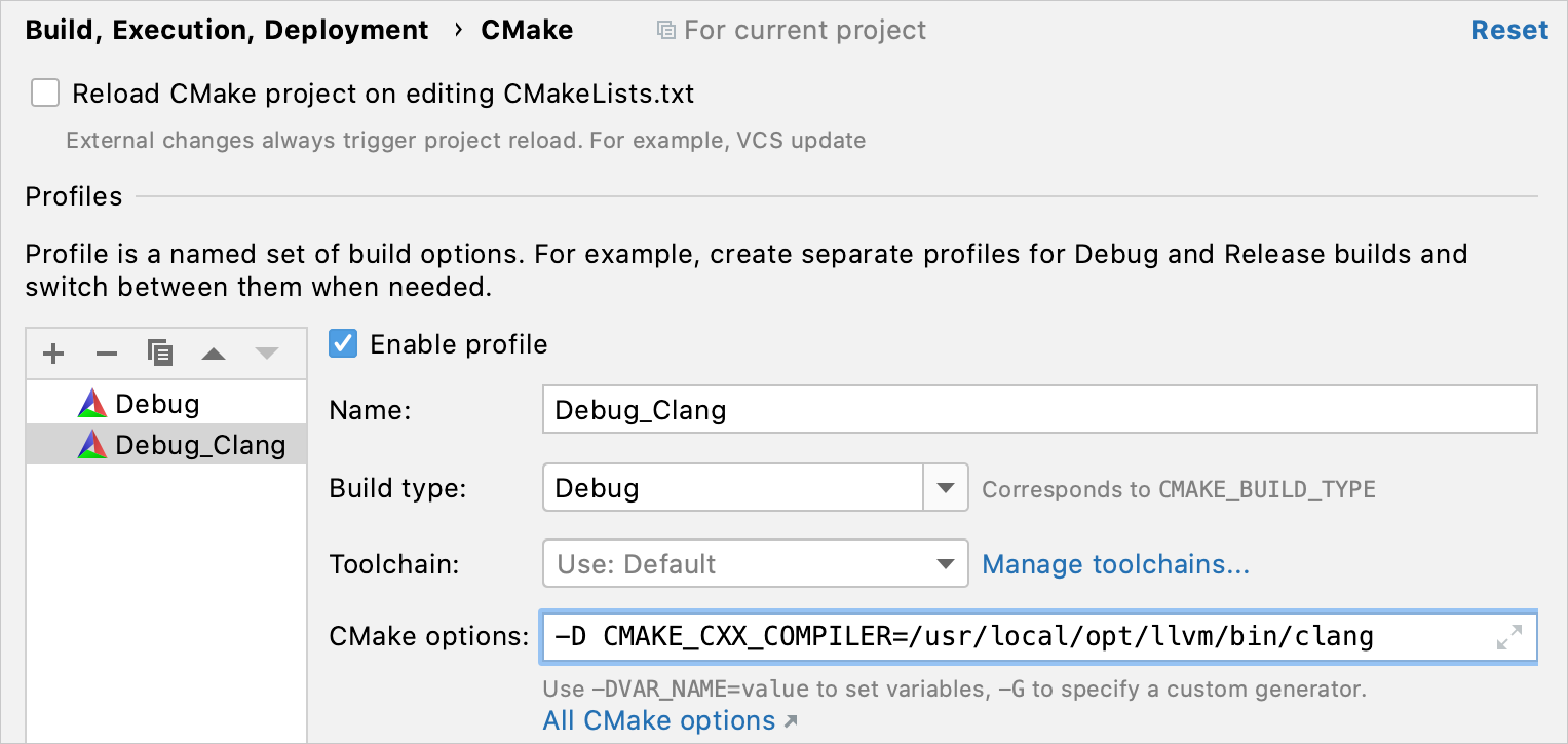 Set the compiler via CMake settings