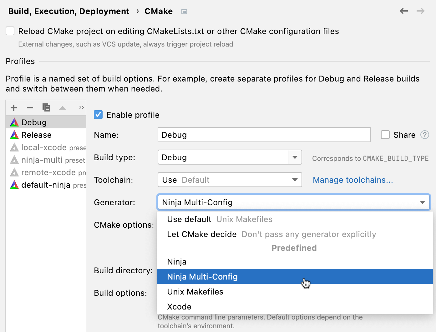 set default cmake generator