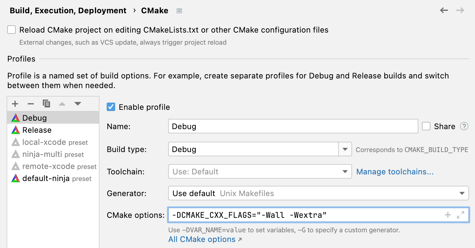 Setting compiler flags in CMake options