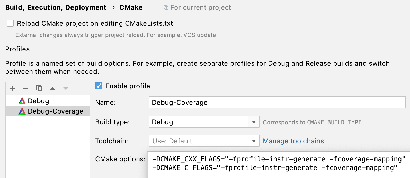 Automatically added CMake profile with coverage flags
