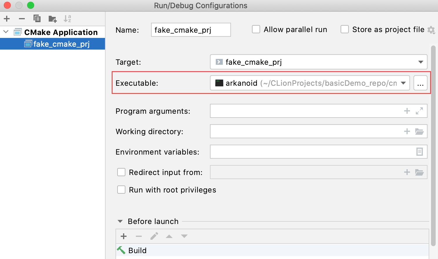 Setting a custom executable in the CMake configuration