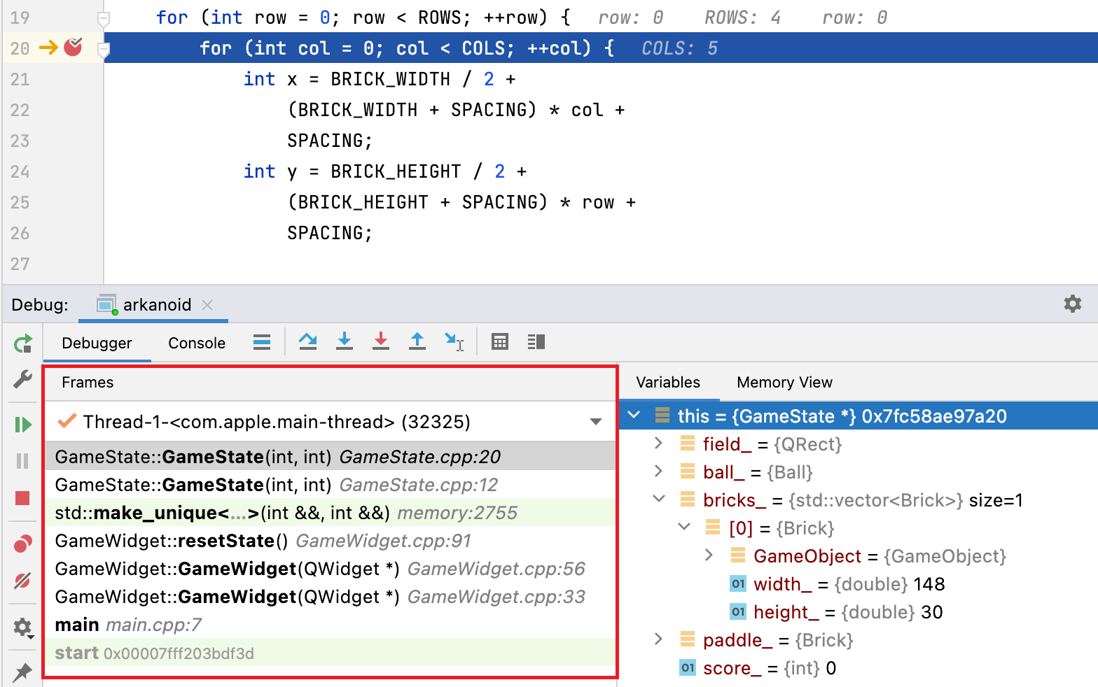 Frames tab of the Debug tool window