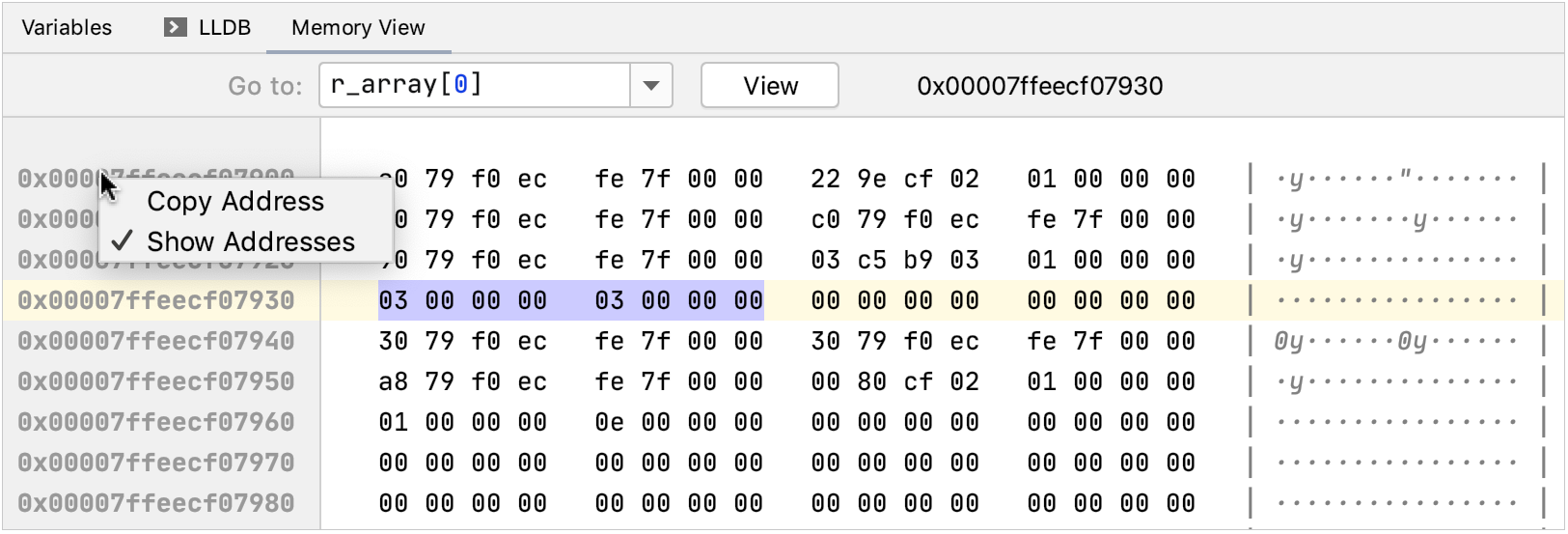 addresses column menu