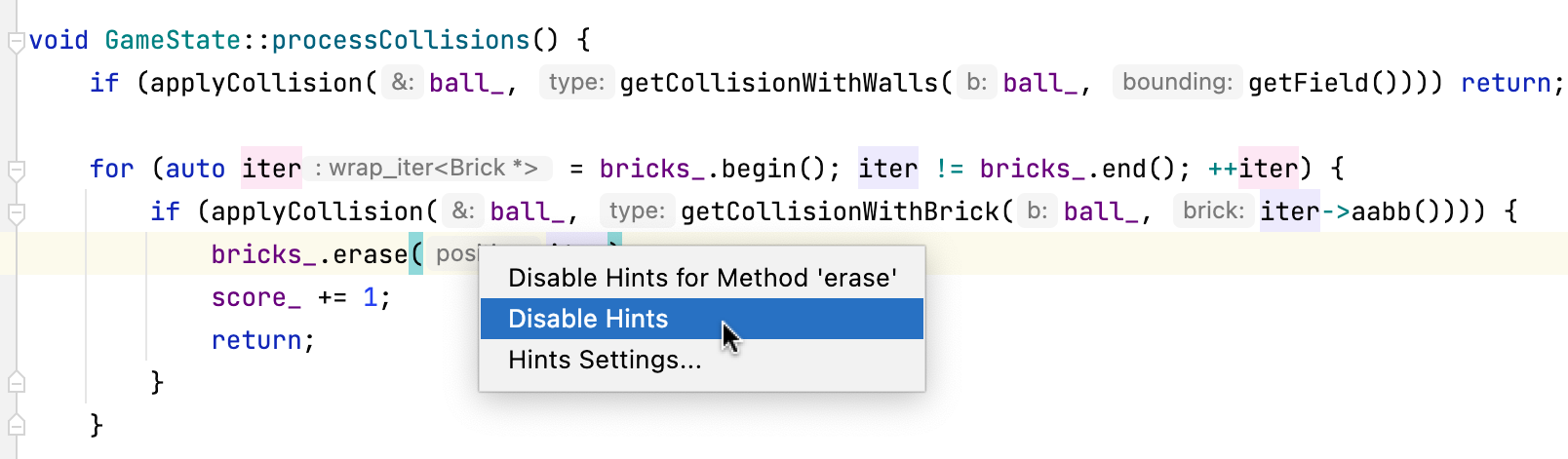Disable parameter hints in the editor