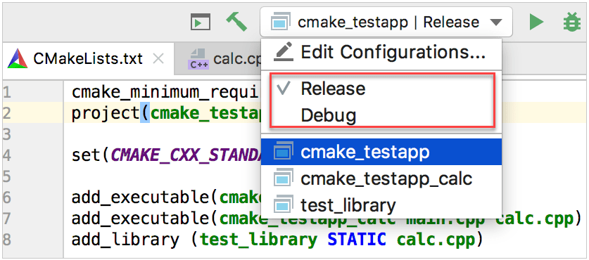 cmake profiles in the configuration switcher