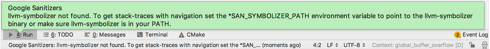 Cl sanitizer symbolizerwarning