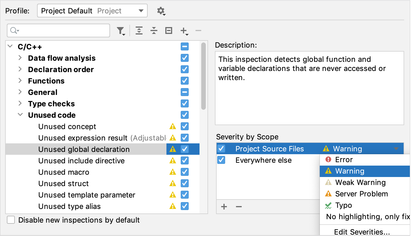 Configuring inspection severity for different scopes