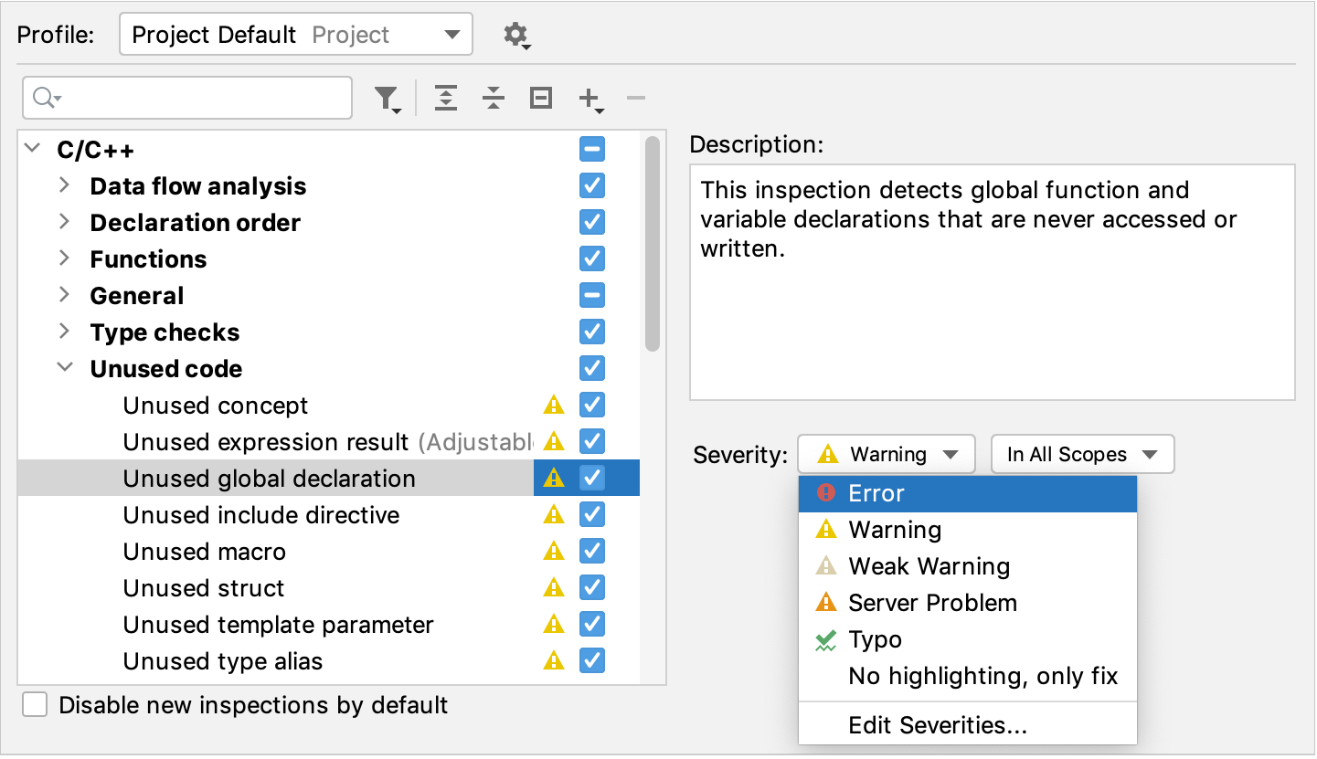 Severity selector in the inspections settings