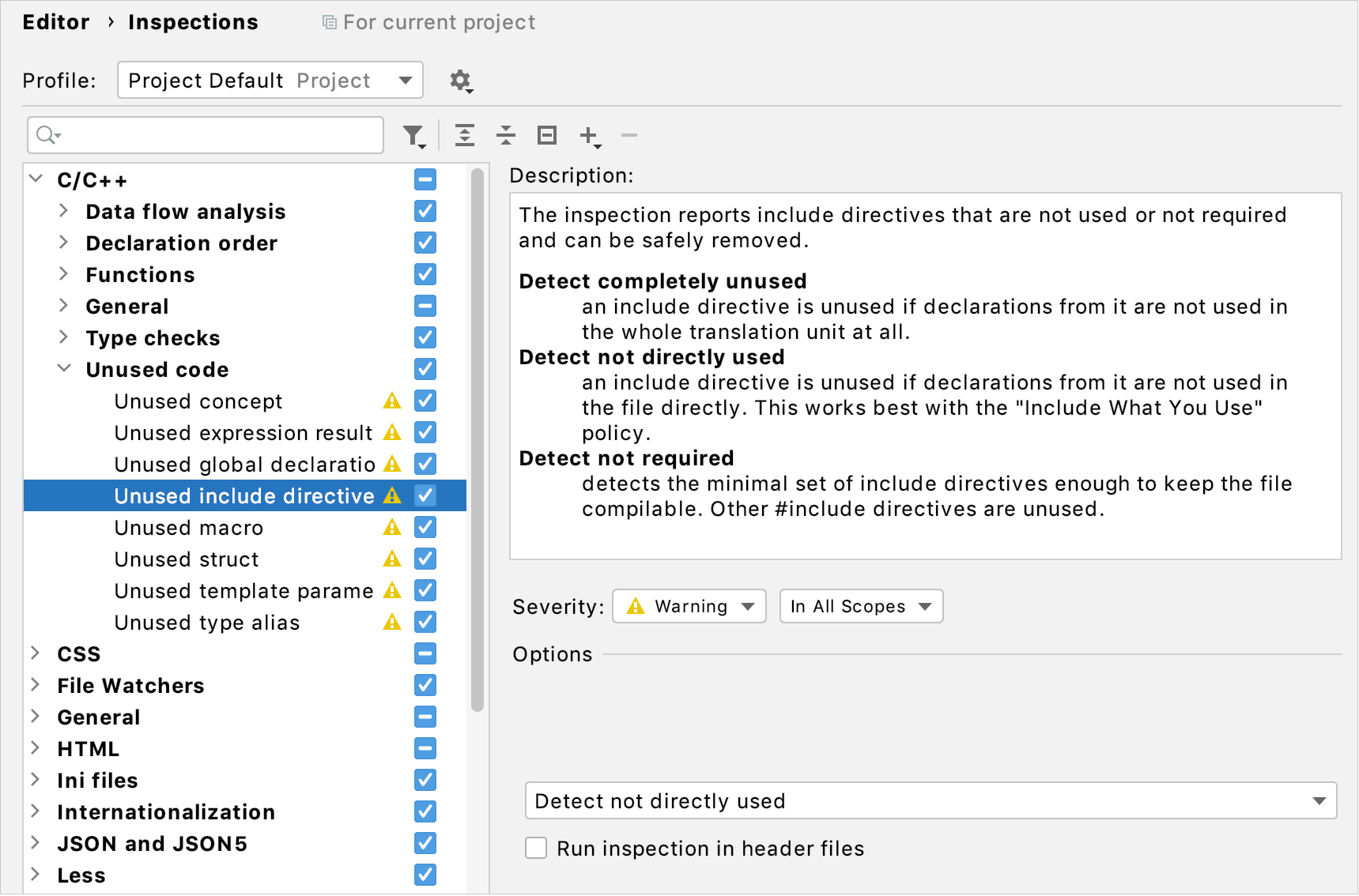 Unused Includes settings