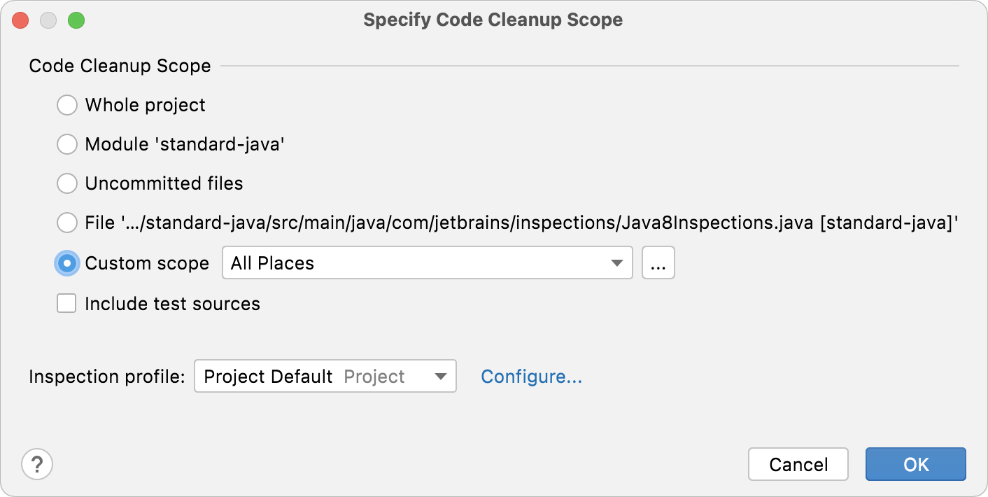 the Specify Code Cleanup Scope dialog