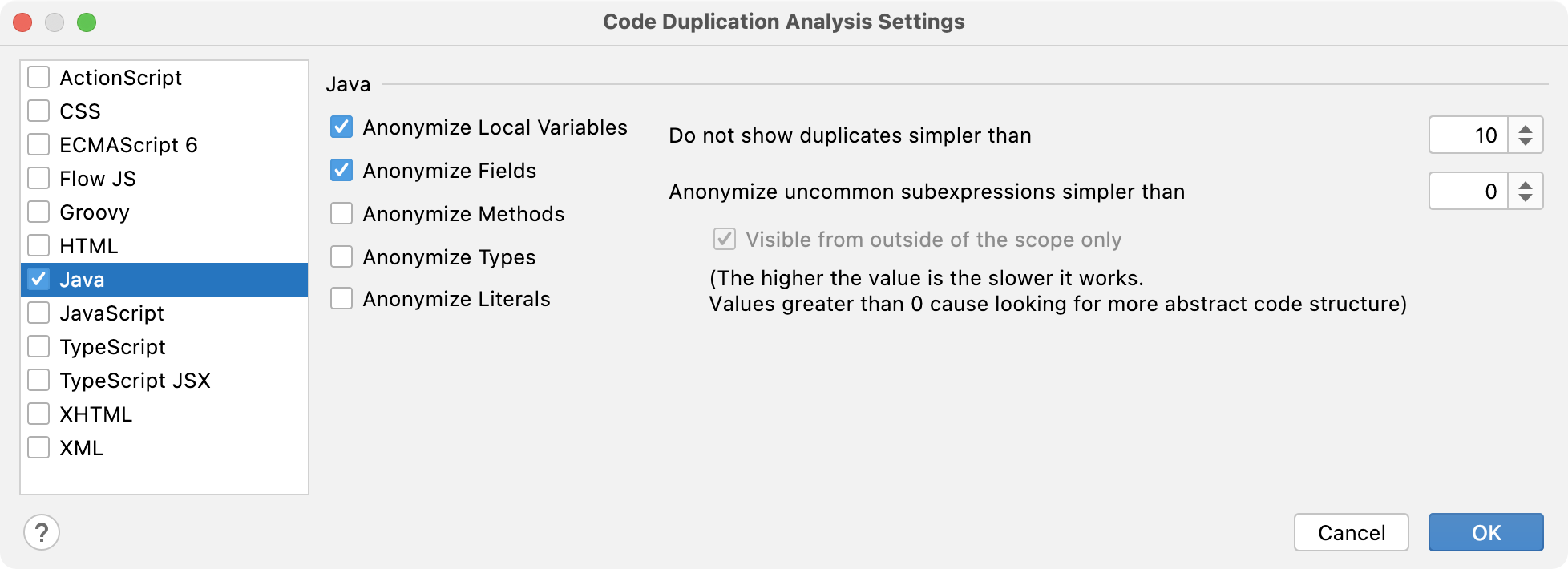 Code Duplication Analysis Settings