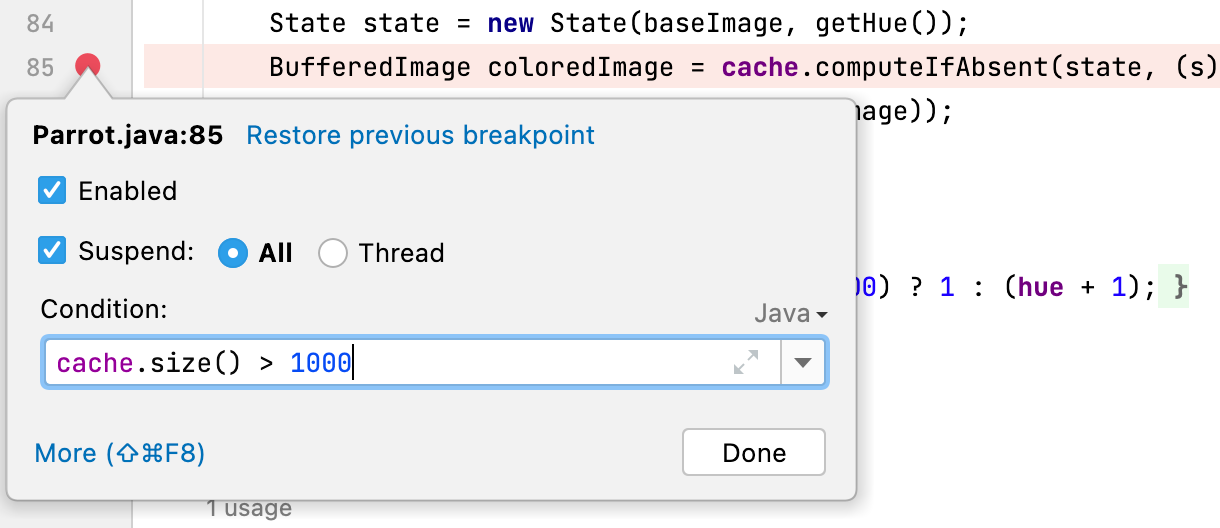 Conditional breakpoint cache size