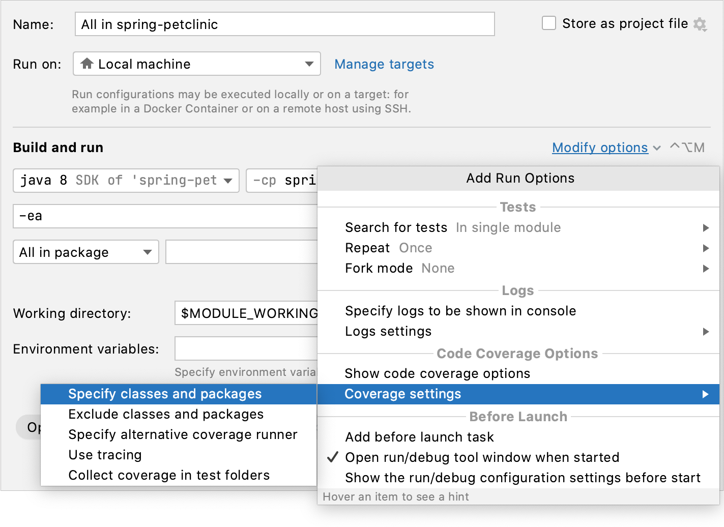 Code Coverage in the Run/debug Configuration dialog