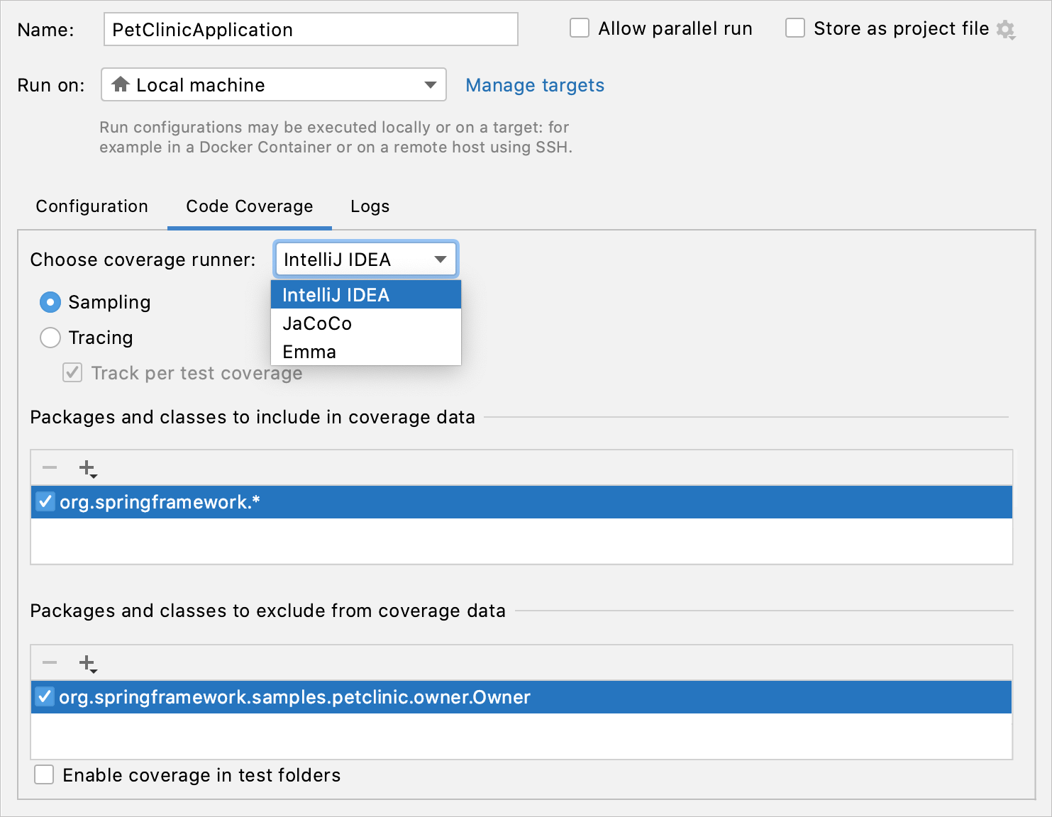 Code Coverage tab in the Run/debug Configuration dialog