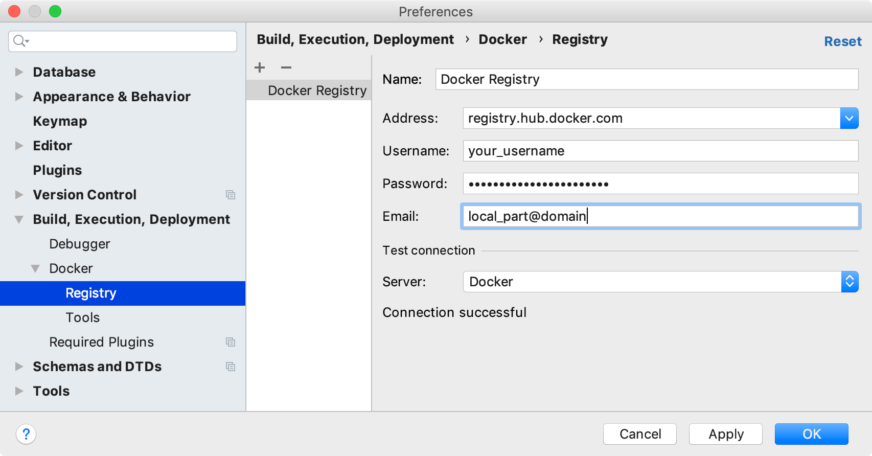 The Docker Registry dialog