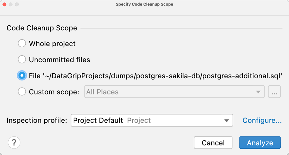 the Specify Code Cleanup Scope dialog