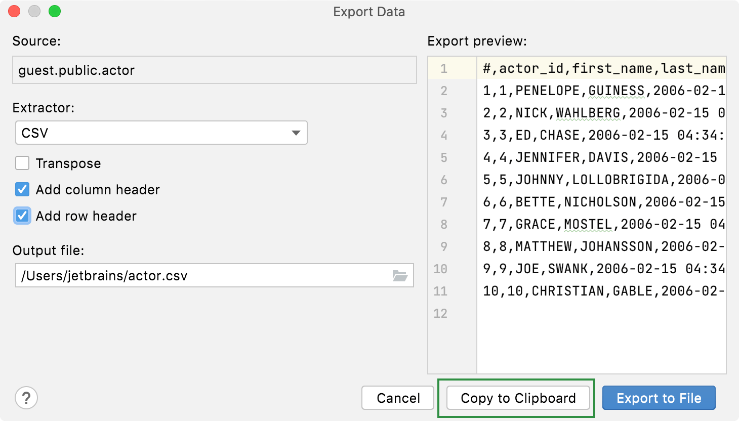 the Export to the clipboard action is in the context menu