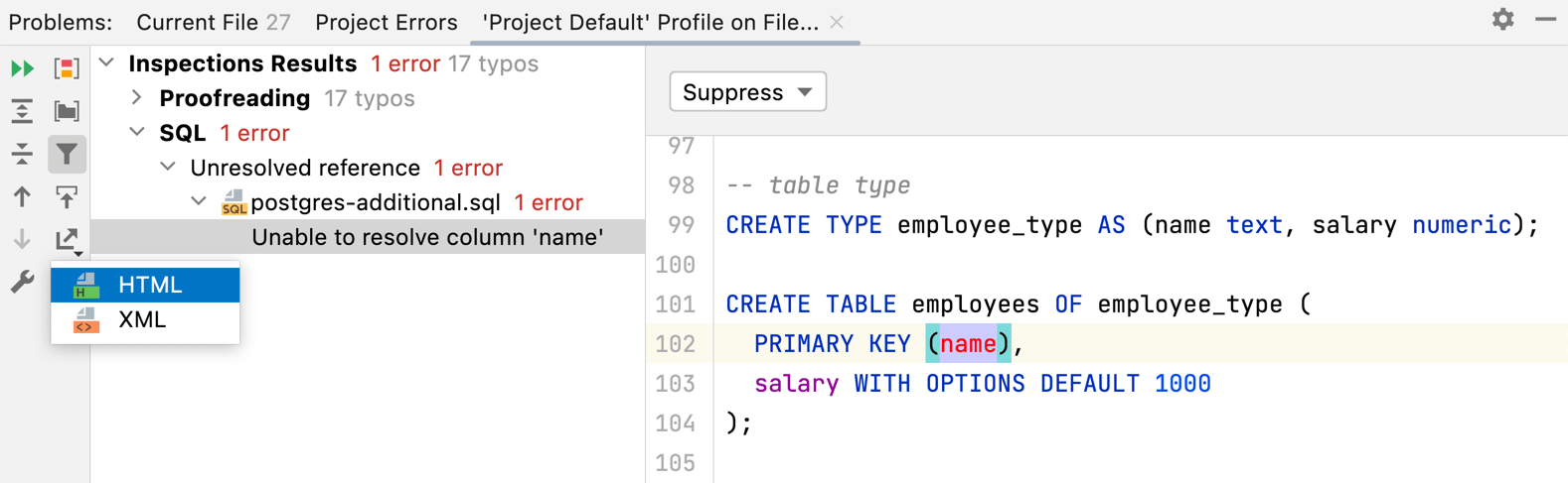 The Export button in the Inspection Results tool window