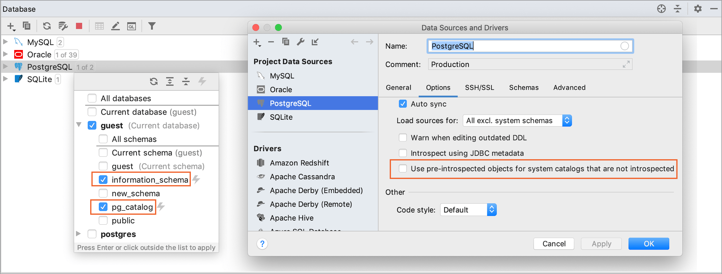 Introspect system catalogs for a data source