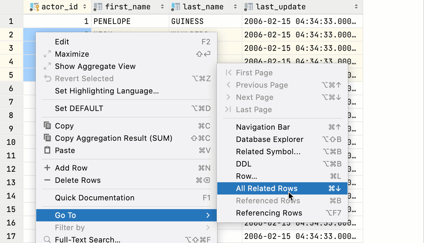 Navigate between related rows