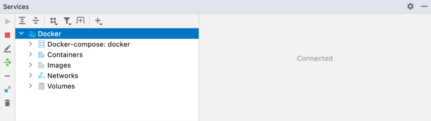 The Services tool window, connected to Docker