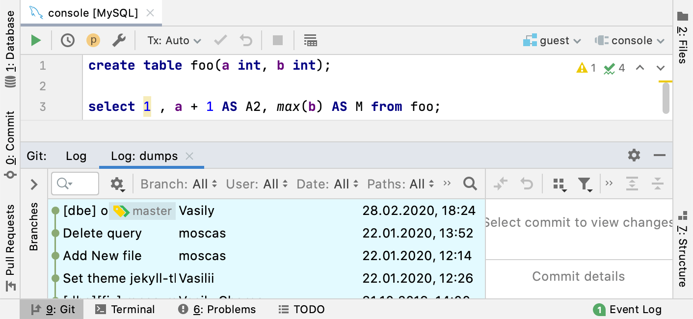Log tab in the Git tool window filtered by username
