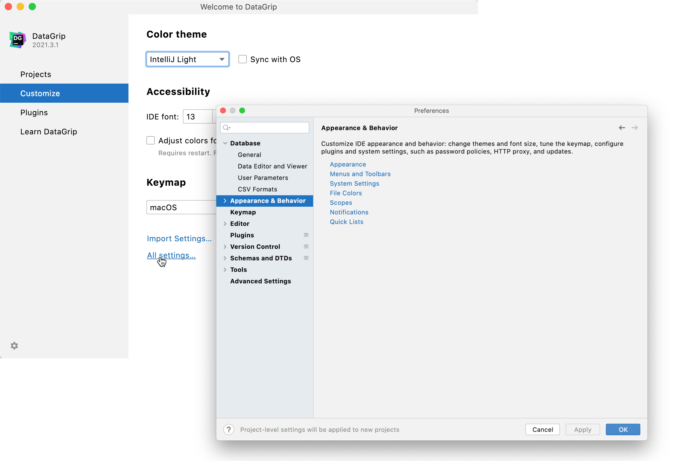 Configuring new default settings for projects