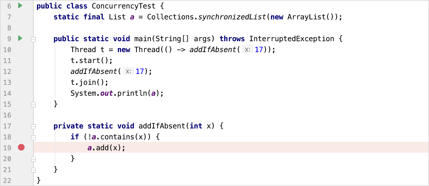 A breakpoint is set at line 17