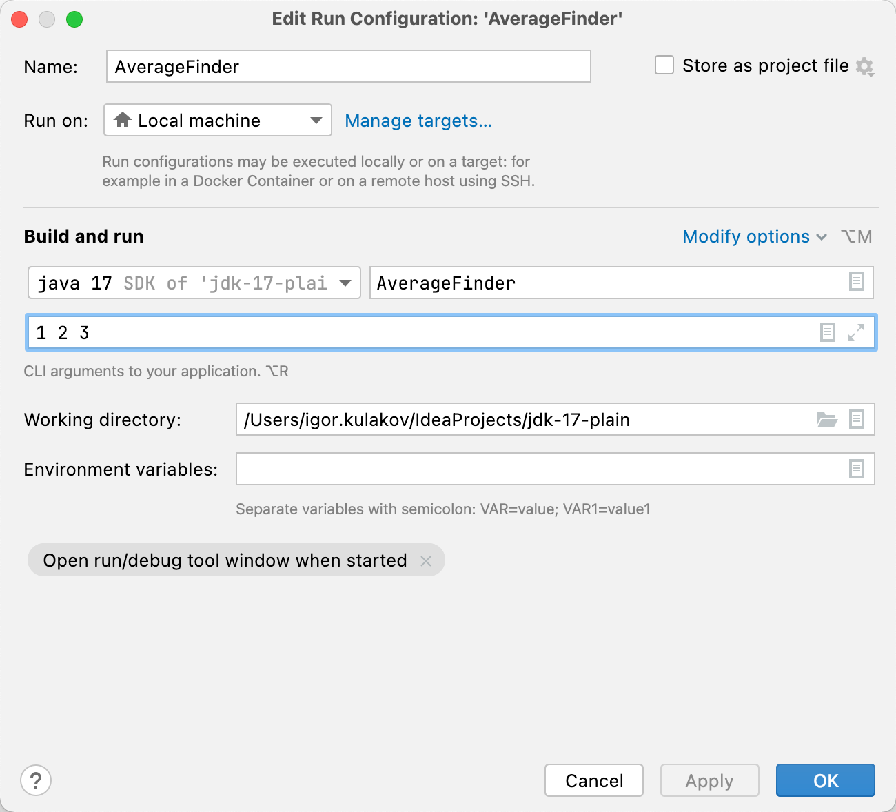 Arguments are entered in the Program arguments field