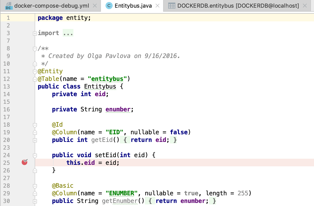 Breakpoint in the setEid() method