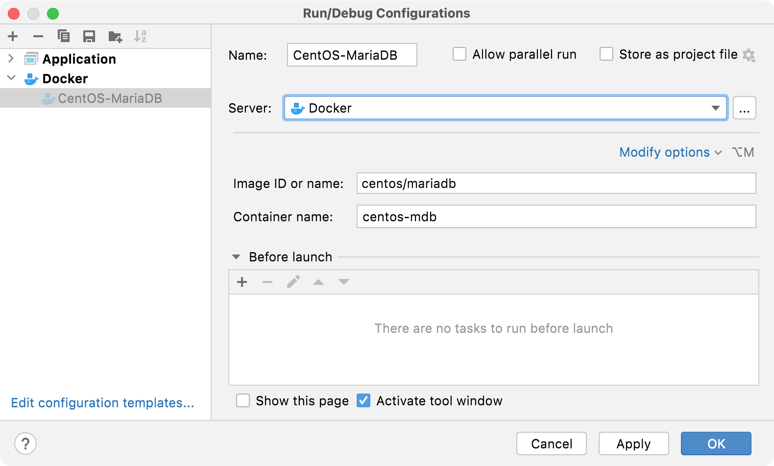 Docker Image run configuration dialog