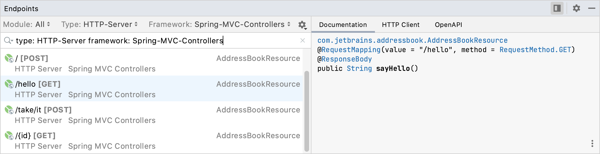 Endpoints tool window: Documentation tab