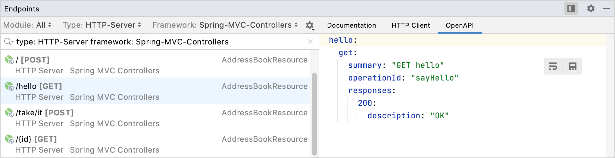 Endpoints tool window: OpenAPI tab