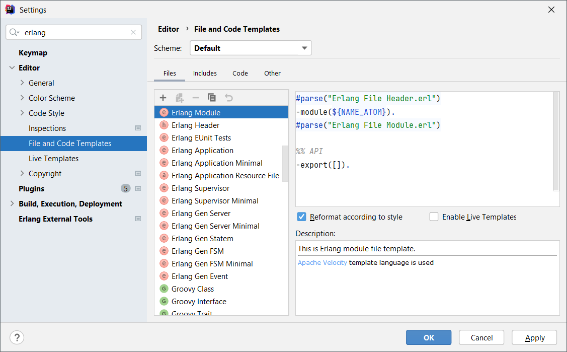 Erlang File and Code Template Settings