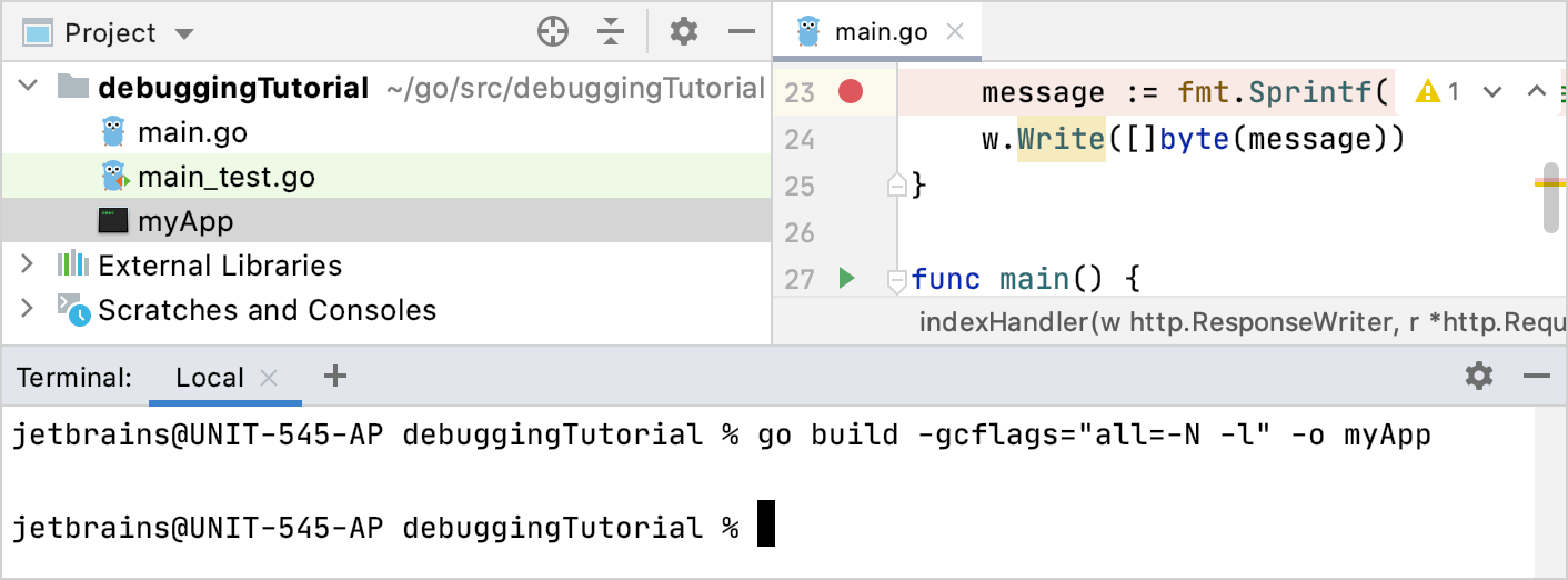 Build the application with gcflags flags for remote debugging