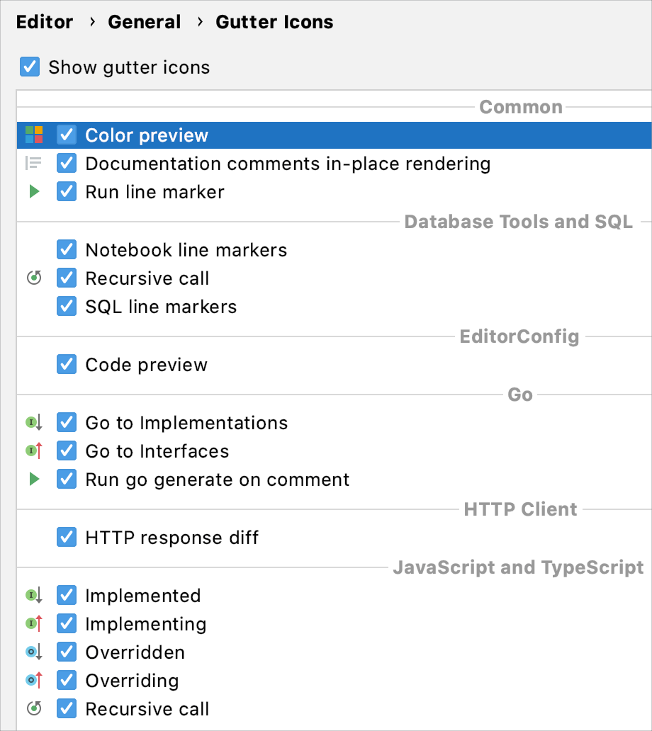 Gutter icons settings in the Preferences dialog Gutter icons settings in the Preferences dialog