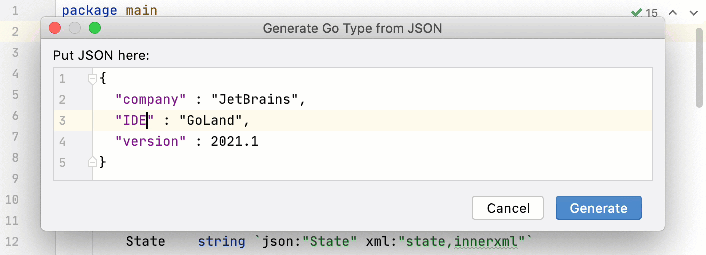 Modify JSON for a struct in a separate dialog