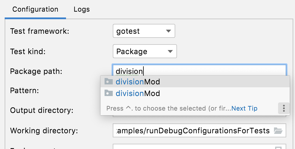Autocompletion for the Package path field in tests