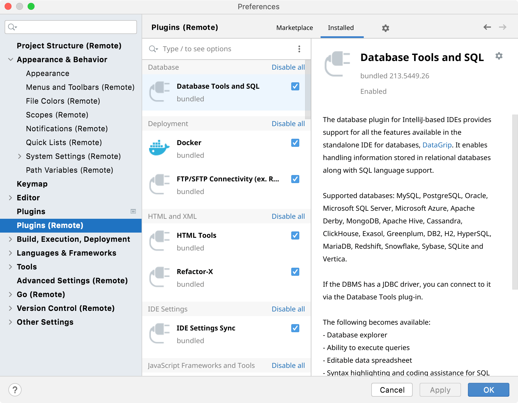 The Plugins settings dialog The Plugins settings dialog
