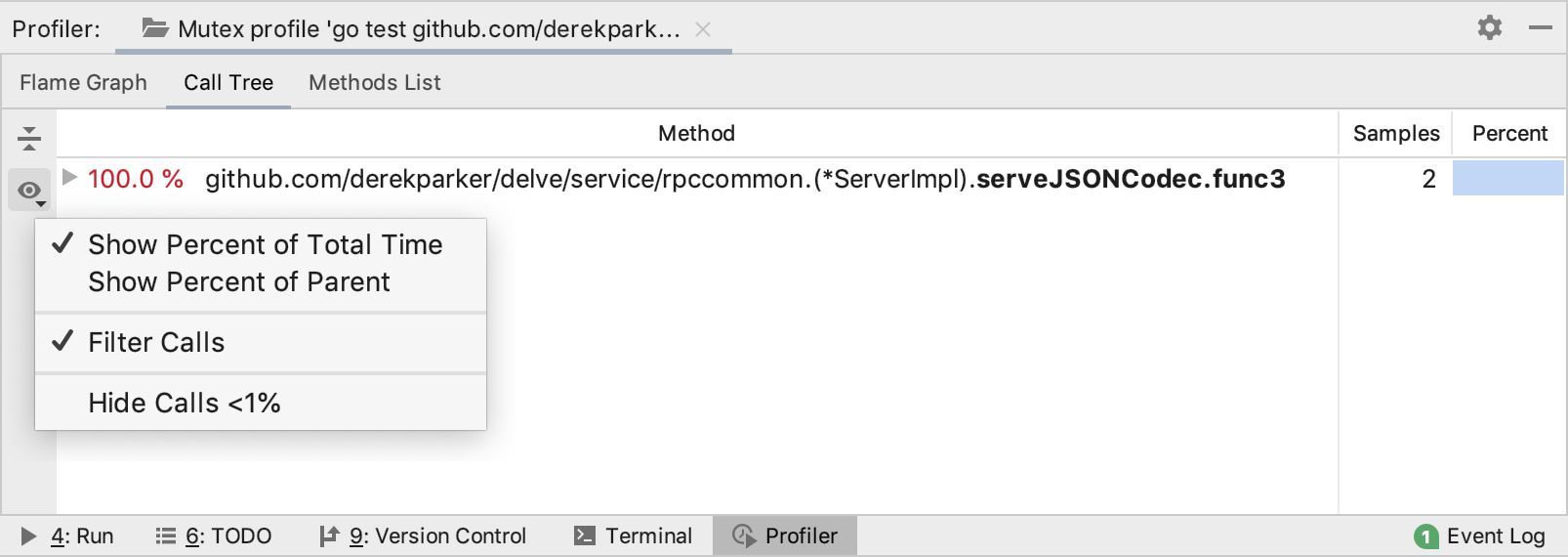Presentation settings for the call tree Presentation settings for the call tree