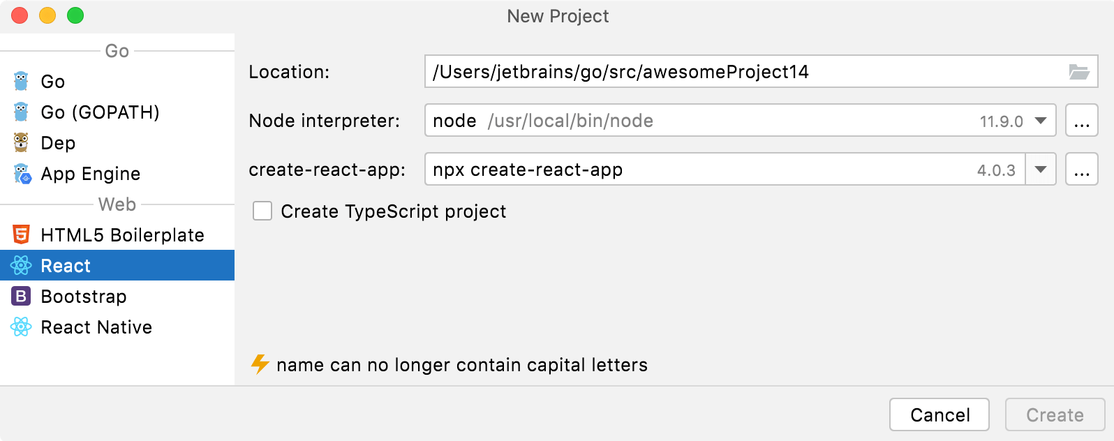 Create a React app project