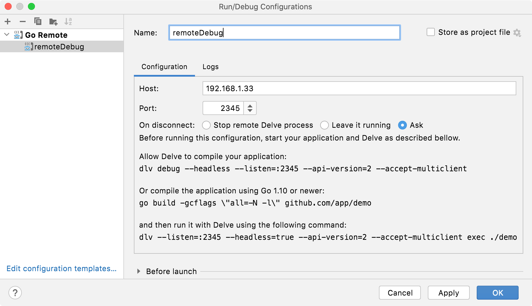 Run/Debug Configuration for Go Remote