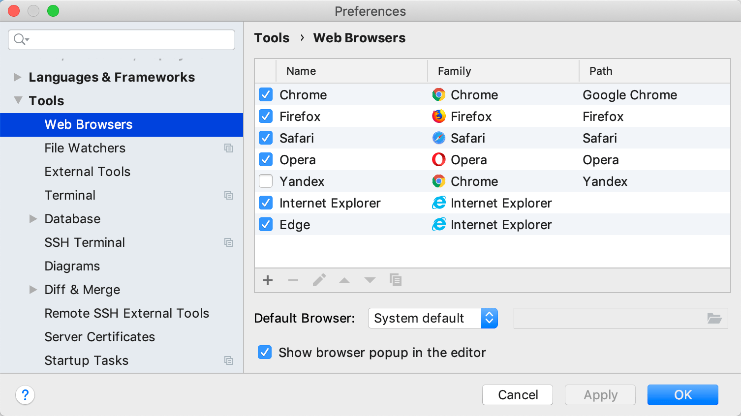 The Web Browsers page in Preferences