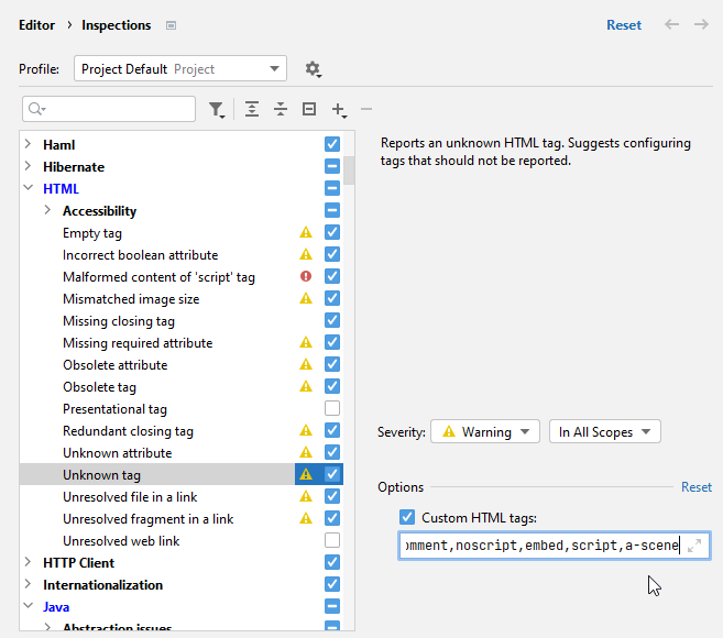 IntelliJ IDEA: Inspection options for unknown HTML tag