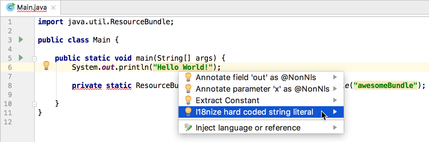 Intention action for hard-coded string literals
