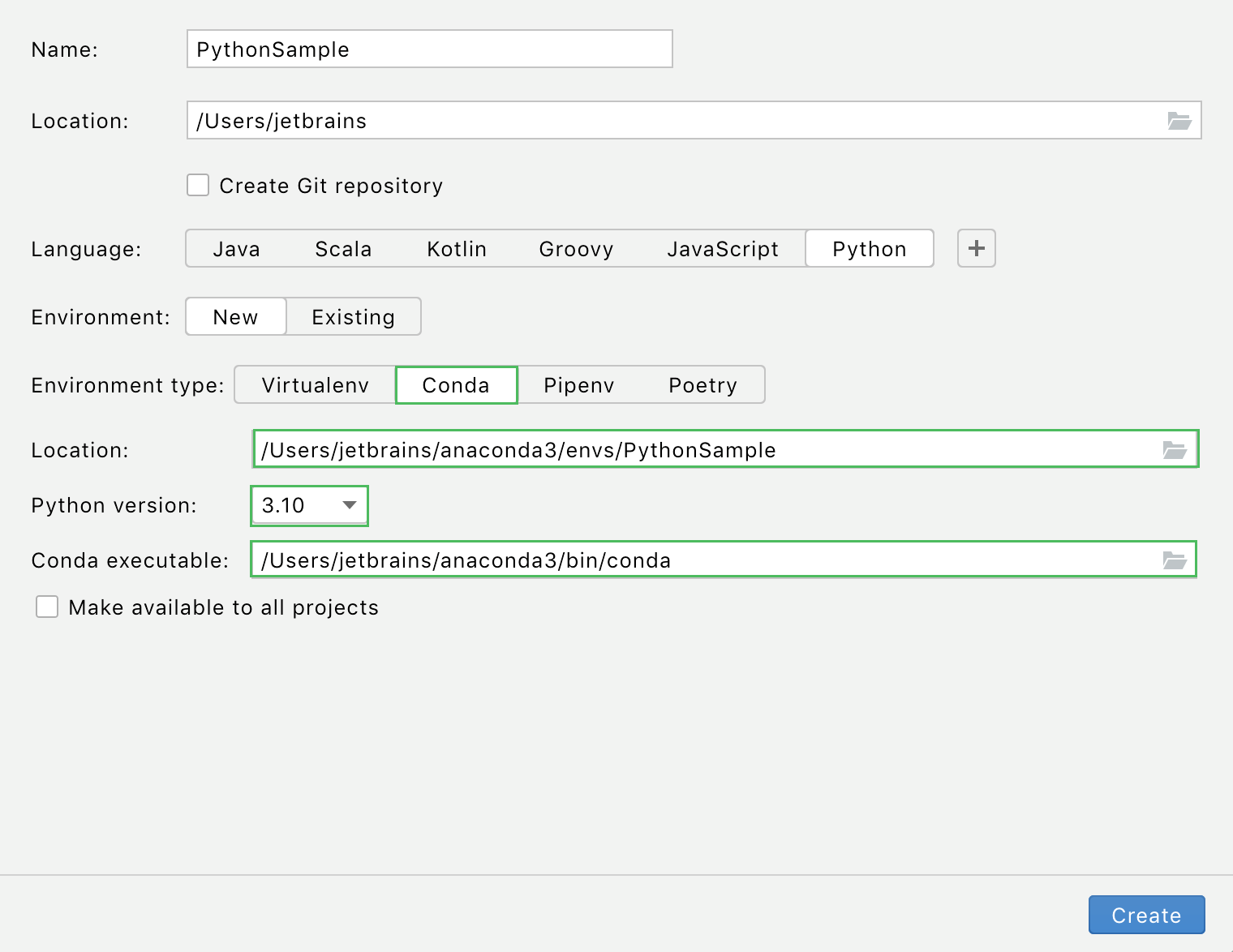 Create a new venv environment